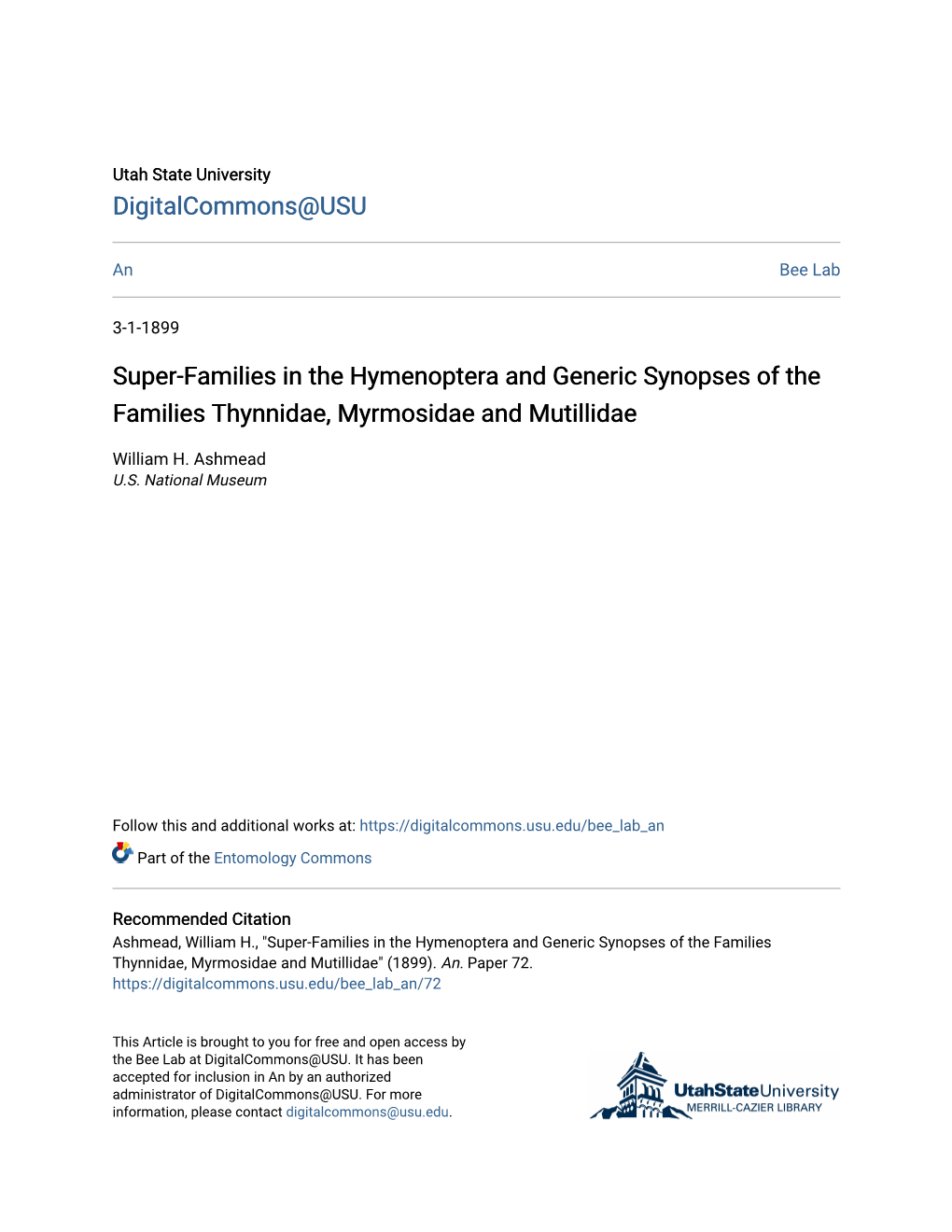 Super-Families in the Hymenoptera and Generic Synopses of the Families Thynnidae, Myrmosidae and Mutillidae