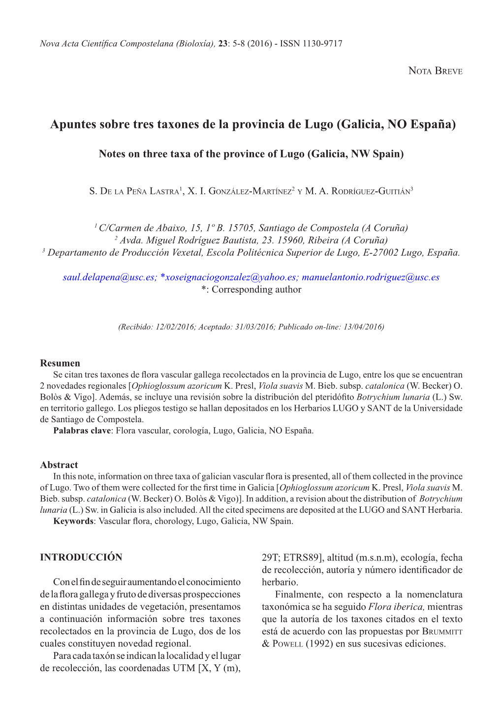 Apuntes Sobre Tres Taxones De La Provincia De Lugo (Galicia, NO España)