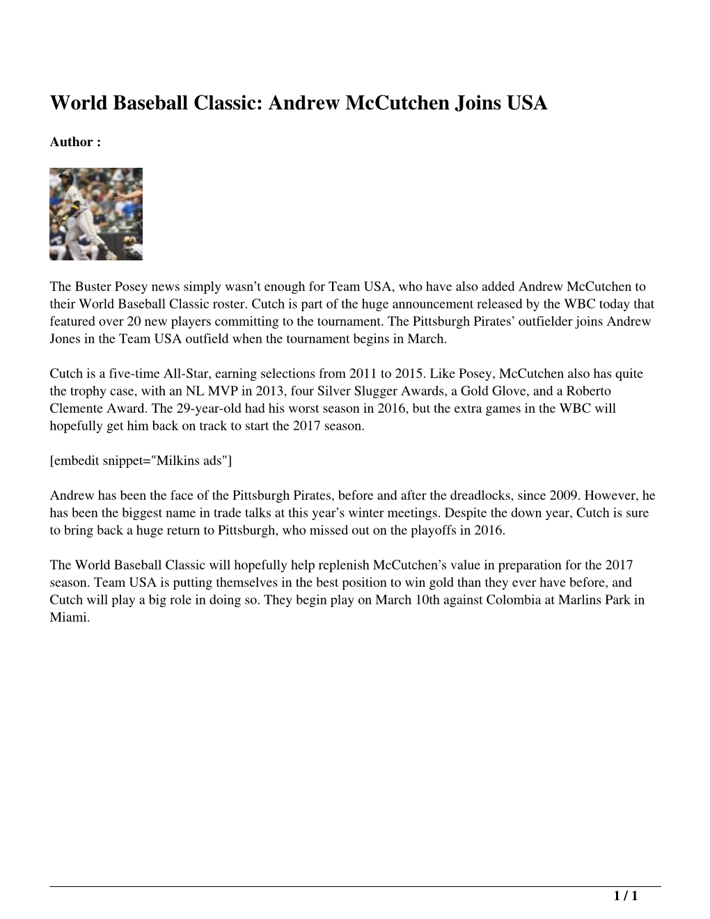 World Baseball Classic: Andrew Mccutchen Joins USA