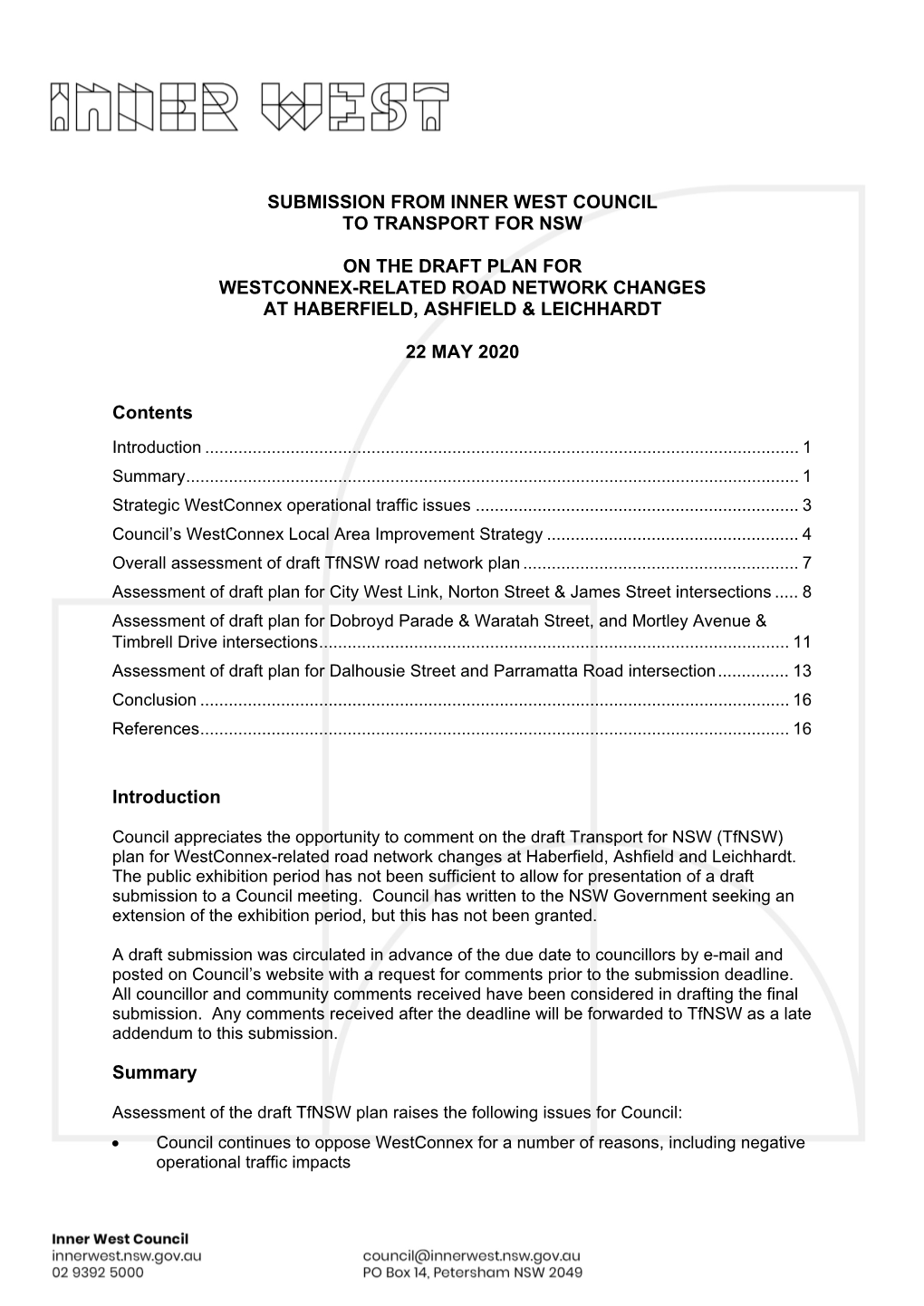 Final Submission for Draft Tfnsw Plan for Westconnex-Related Road