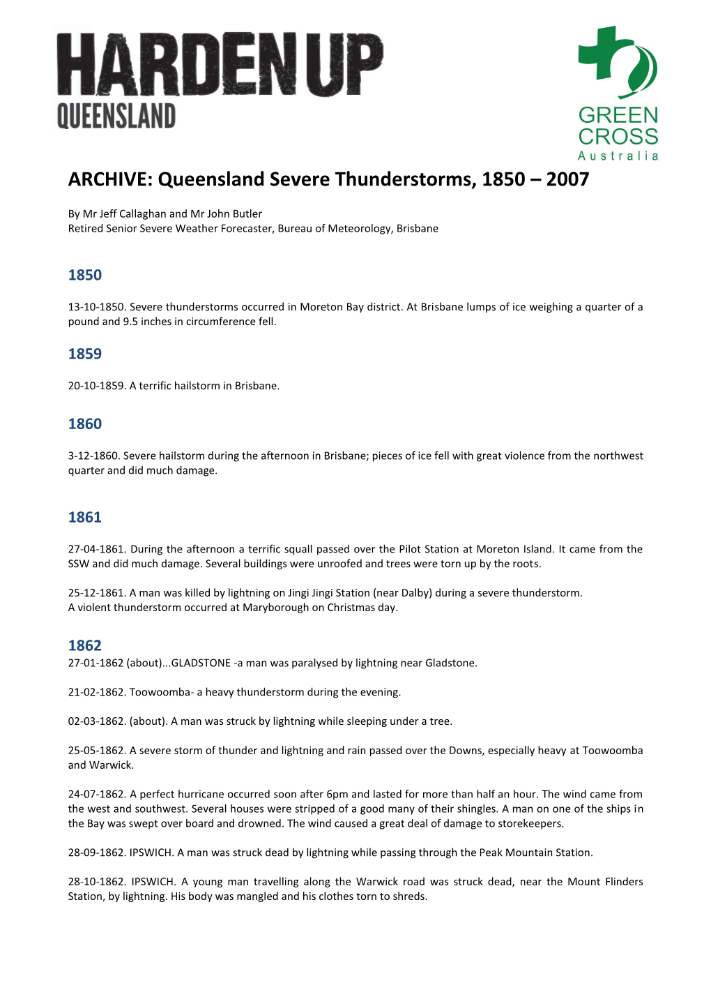 ARCHIVE: Queensland Severe Thunderstorms, 1850 – 2007