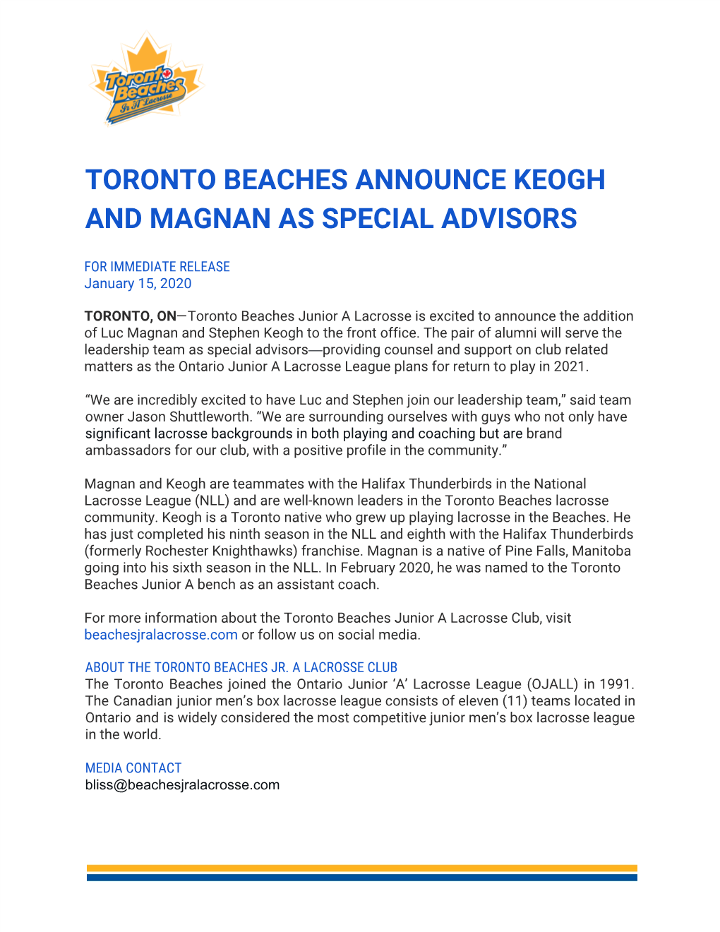 Toronto Beaches Announce Keogh and Magnan As Special Advisors