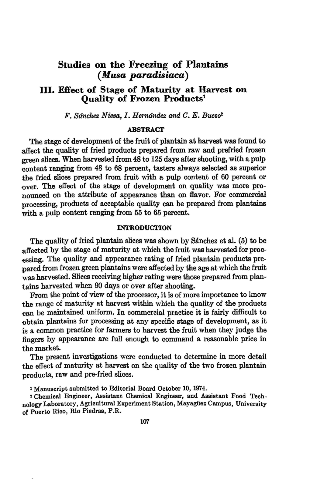 Studies on the Freezing of Plantains (Musa Paradisiaca) III