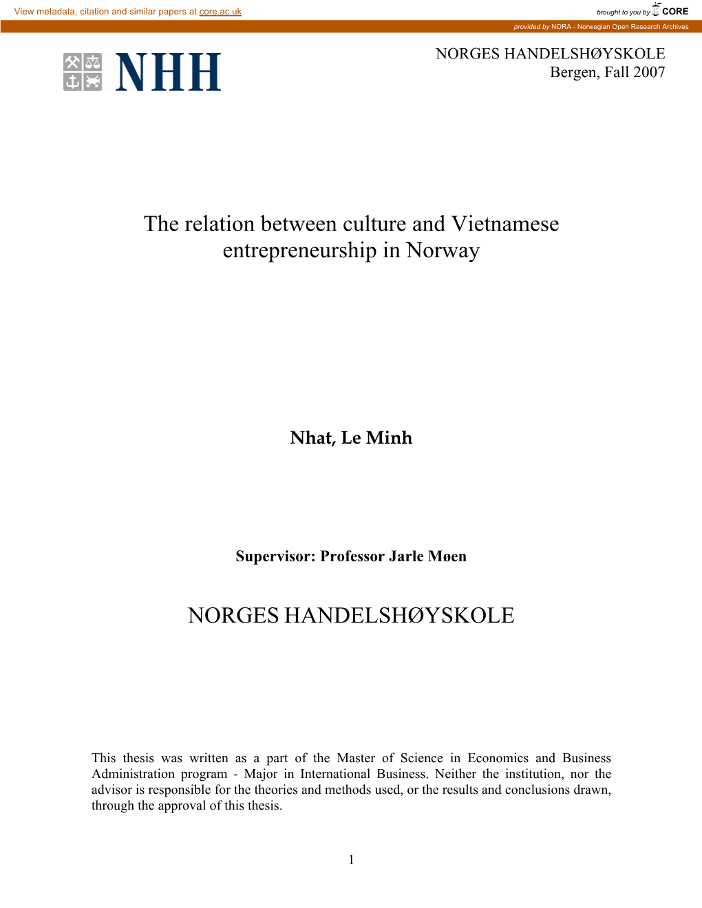 The Relation Between Culture and Vietnamese Entrepreneurship in Norway NORGES HANDELSHØYSKOLE