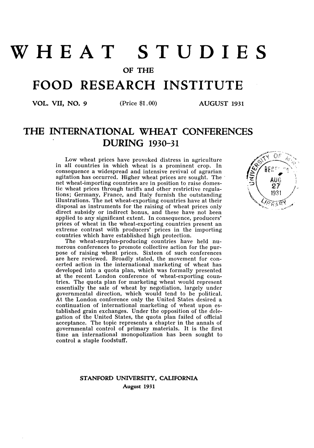 Wheat Studies of the Food Research Institute