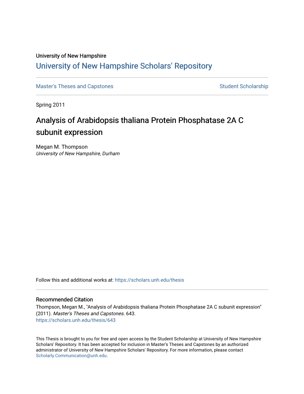 Analysis of Arabidopsis Thaliana Protein Phosphatase 2A C Subunit Expression