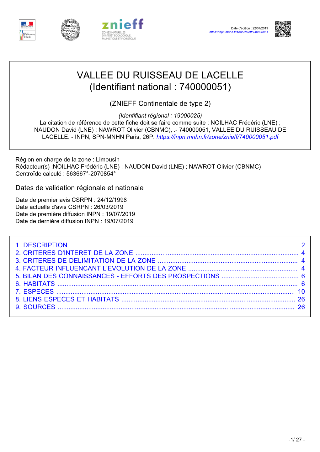 VALLEE DU RUISSEAU DE LACELLE (Identifiant National : 740000051)