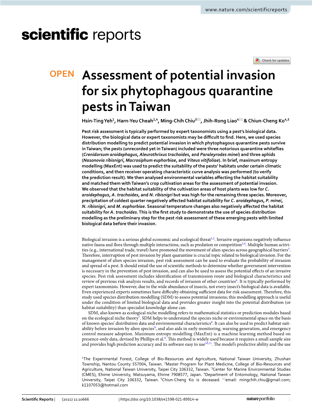 Assessment of Potential Invasion for Six Phytophagous Quarantine Pests