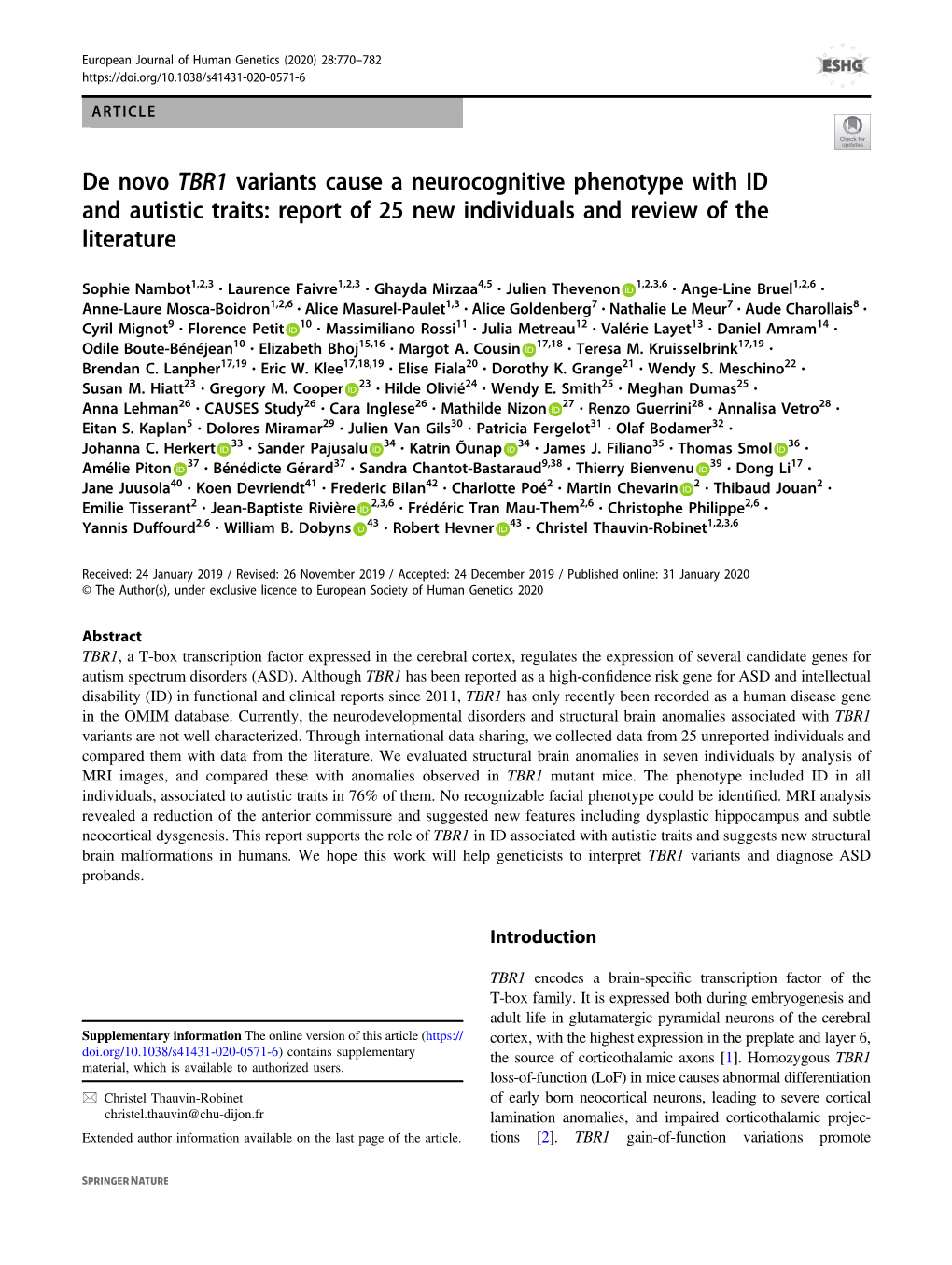 De Novo TBR1 Variants Cause a Neurocognitive Phenotype with ID and Autistic Traits: Report of 25 New Individuals and Review of the Literature