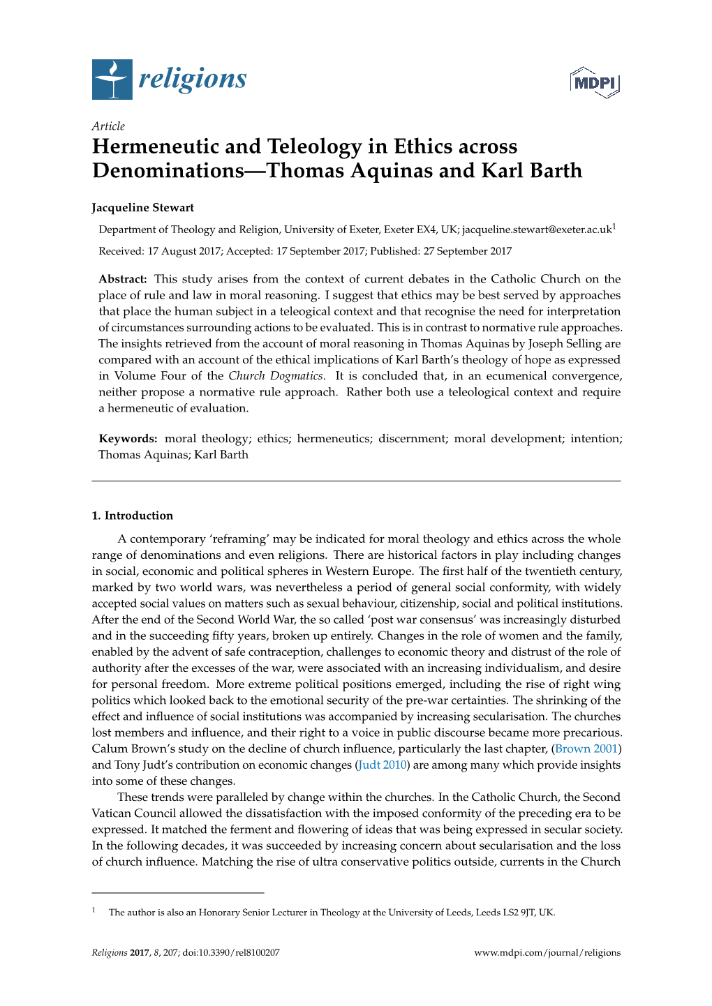 Hermeneutic and Teleology in Ethics Across Denominations—Thomas Aquinas and Karl Barth