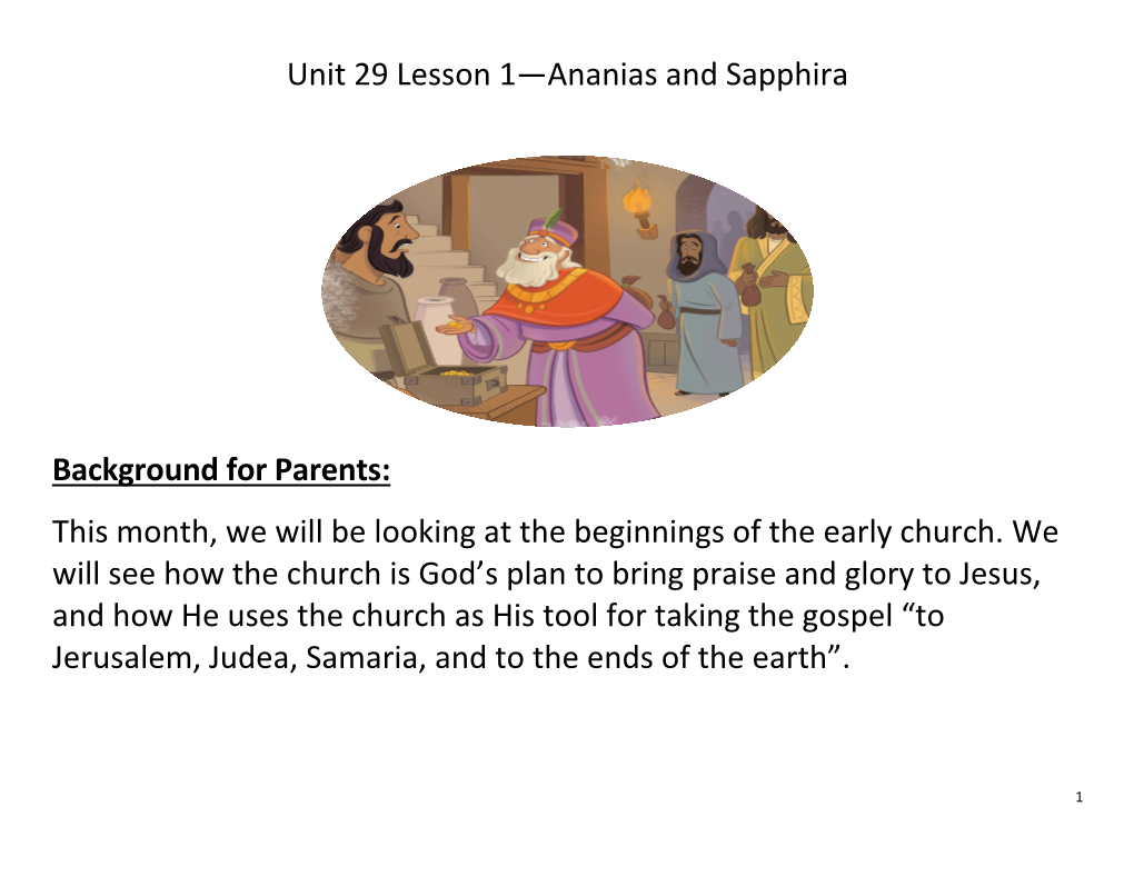 Unit 29 Lesson 1—Ananias and Sapphira Background for Parents