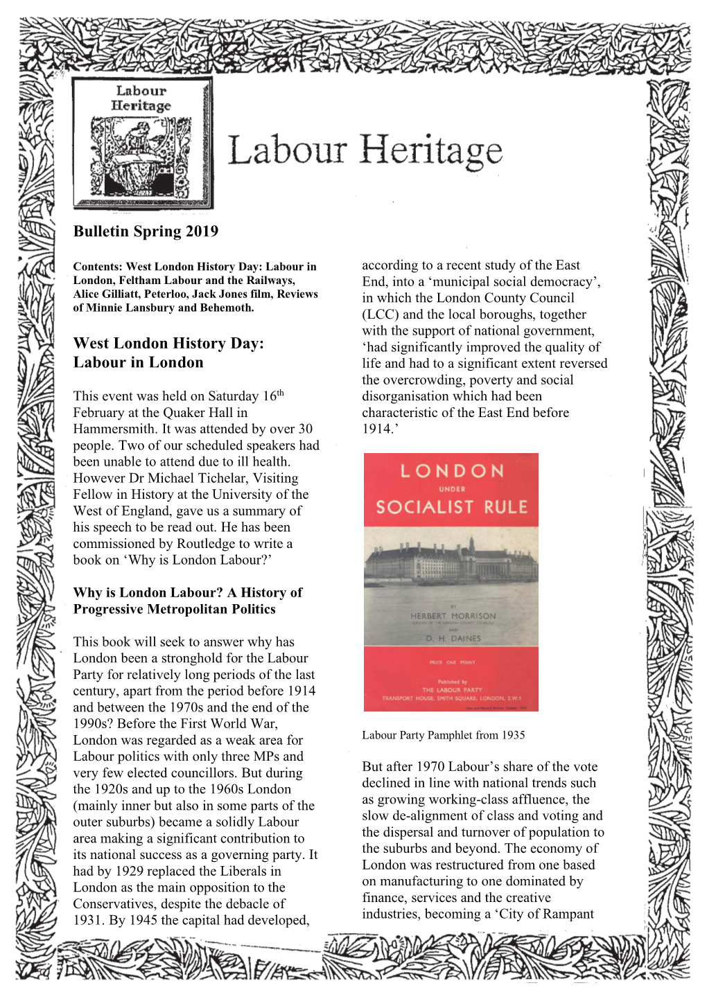 Bulletin Spring 2019 West London History Day: Labour in London