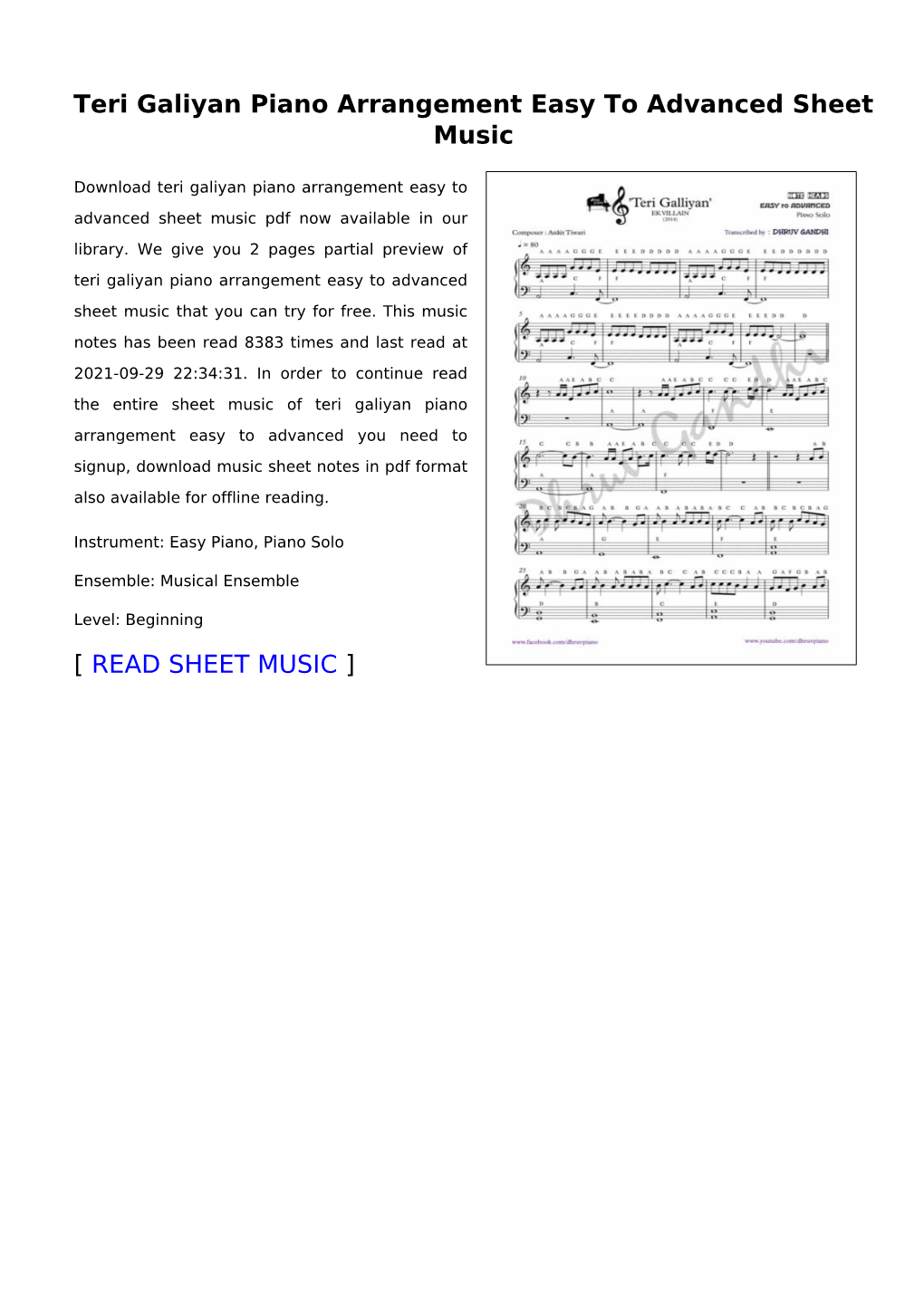 Teri Galiyan Piano Arrangement Easy to Advanced Sheet Music
