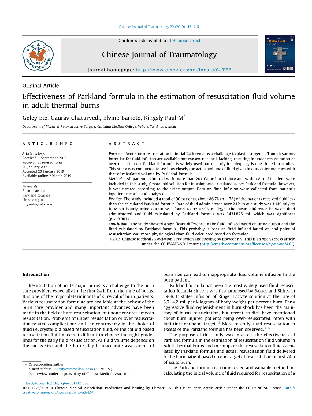 Effectiveness of Parkland Formula in the Estimation of Resuscitation Fluid Volume in Adult Thermal Burns