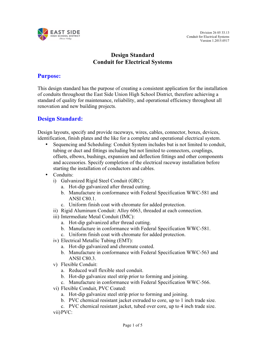 Design Standard Conduit for Electrical Systems Purpose