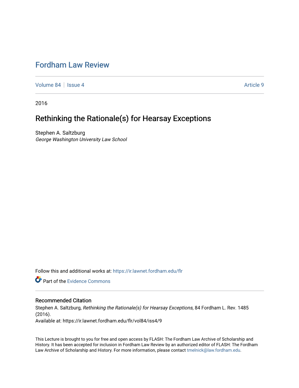 Rethinking the Rationale(S) for Hearsay Exceptions