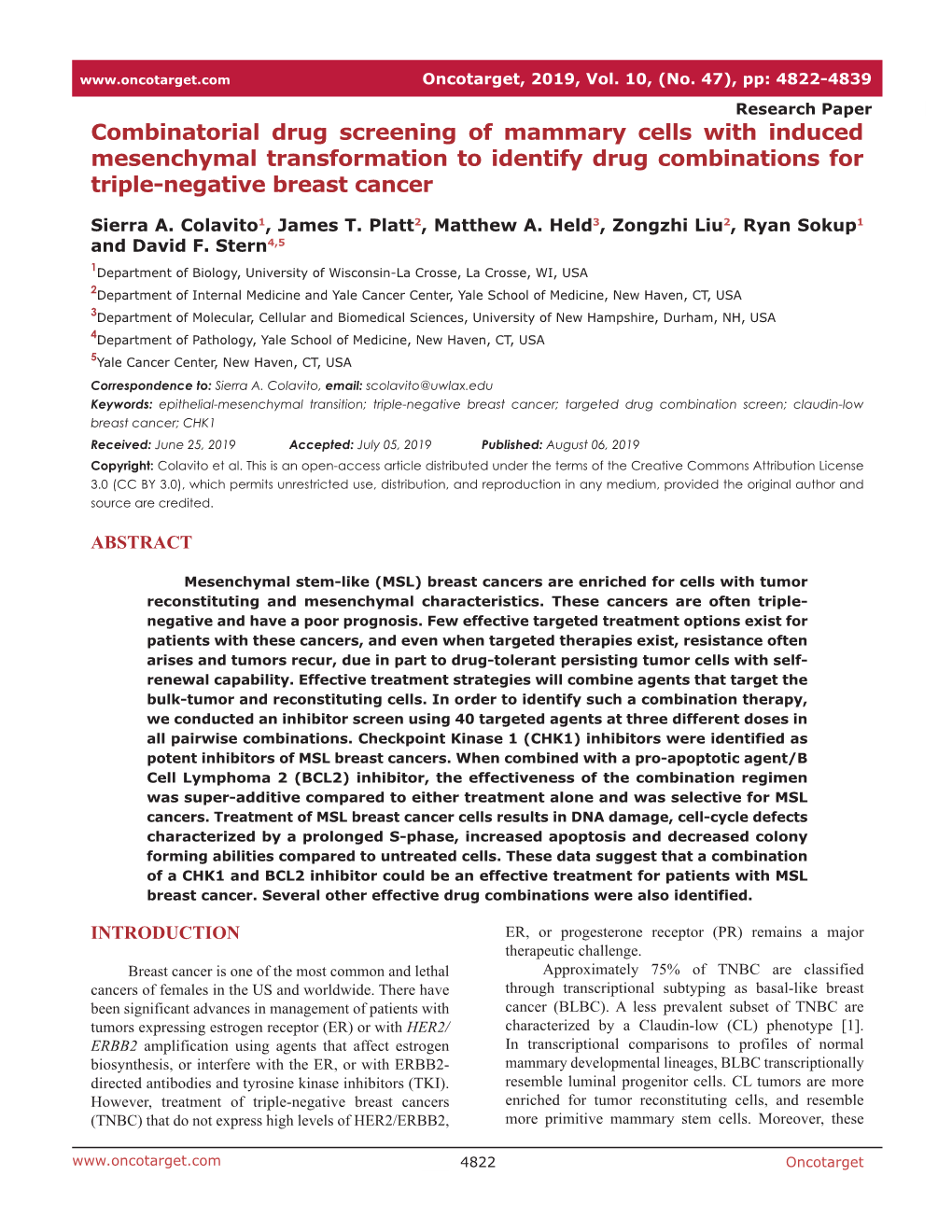 Combinatorial Drug Screening of Mammary Cells with Induced Mesenchymal Transformation to Identify Drug Combinations for Triple-Negative Breast Cancer