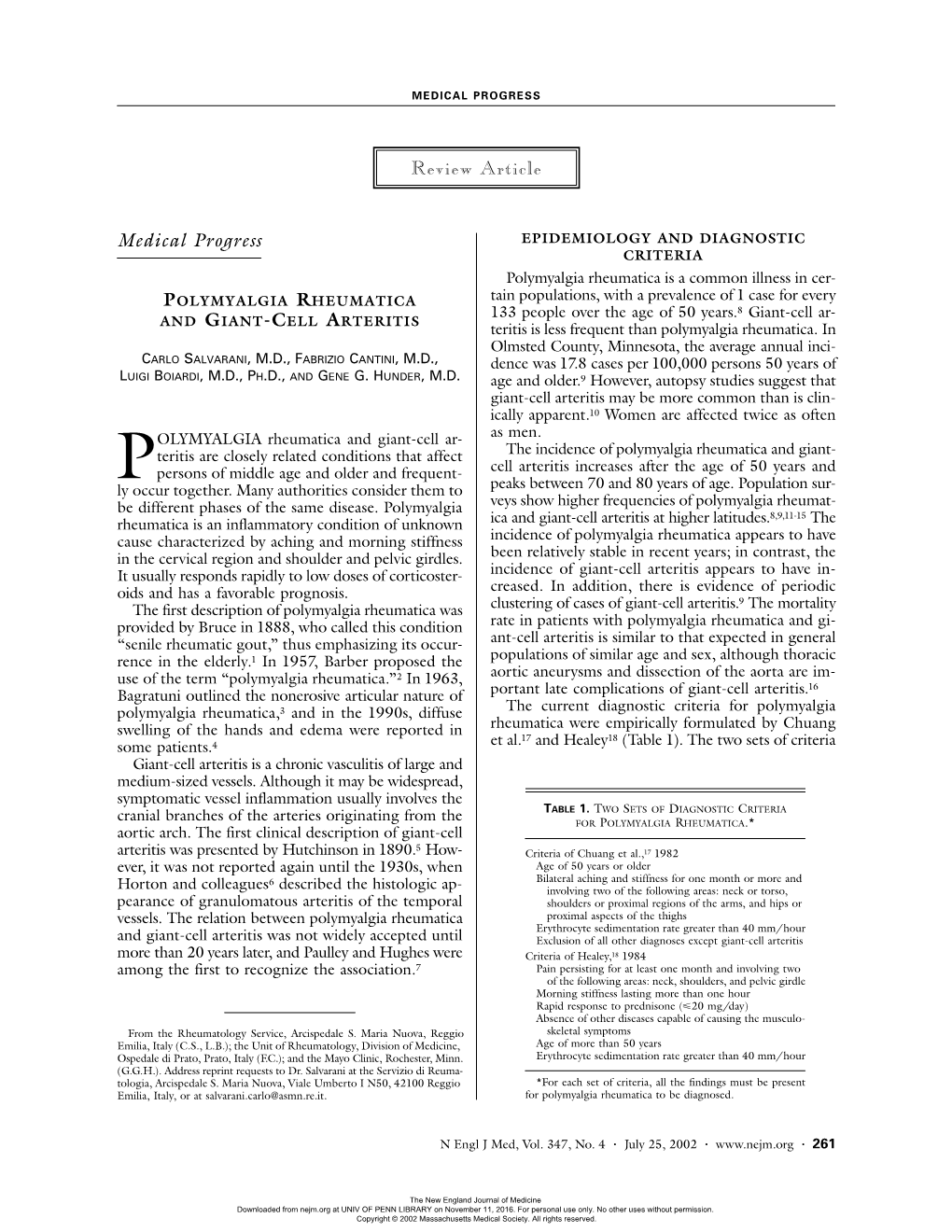 Polymyalgia Rheumatica and Giant-Cell Arteritis