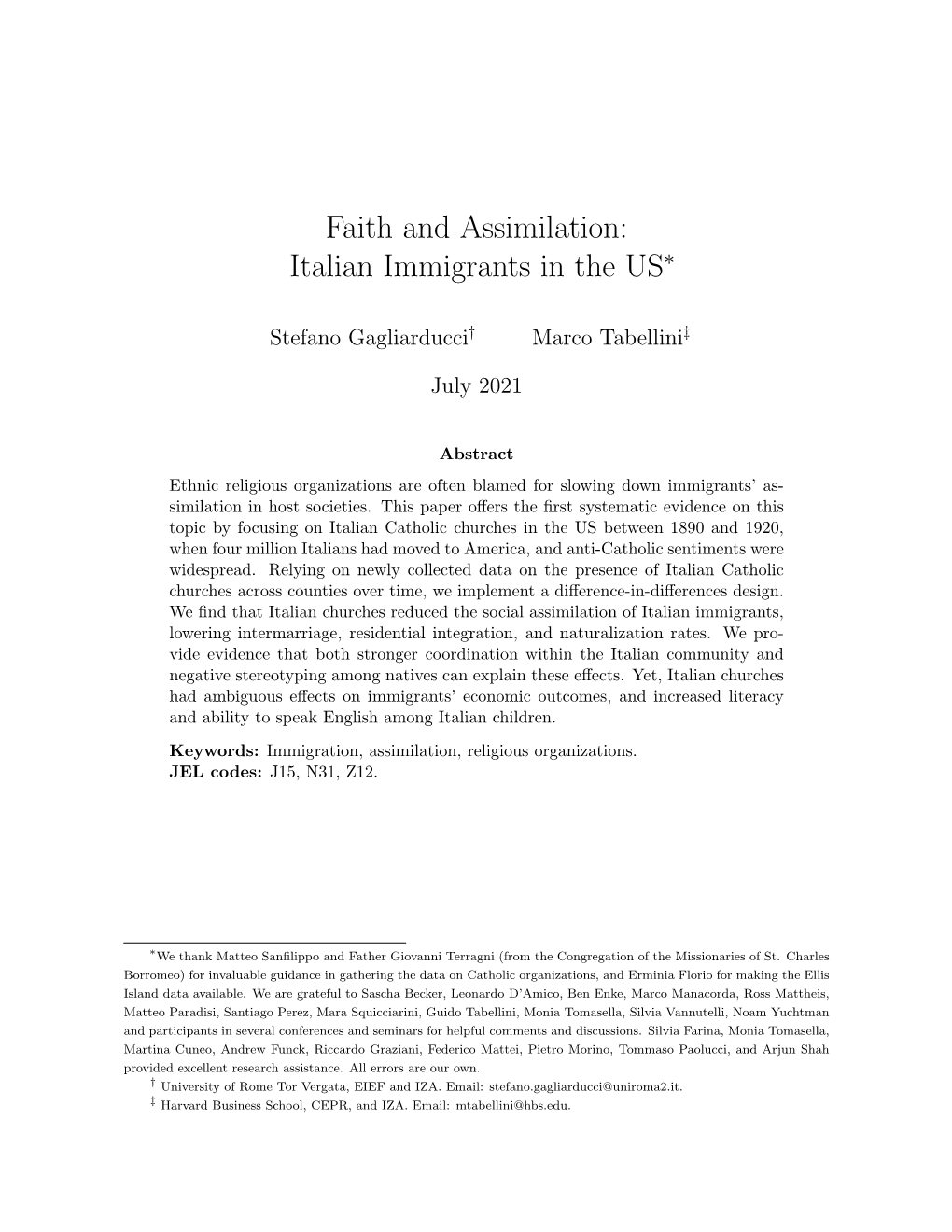 Faith and Assimilation: Italian Immigrants in the US∗