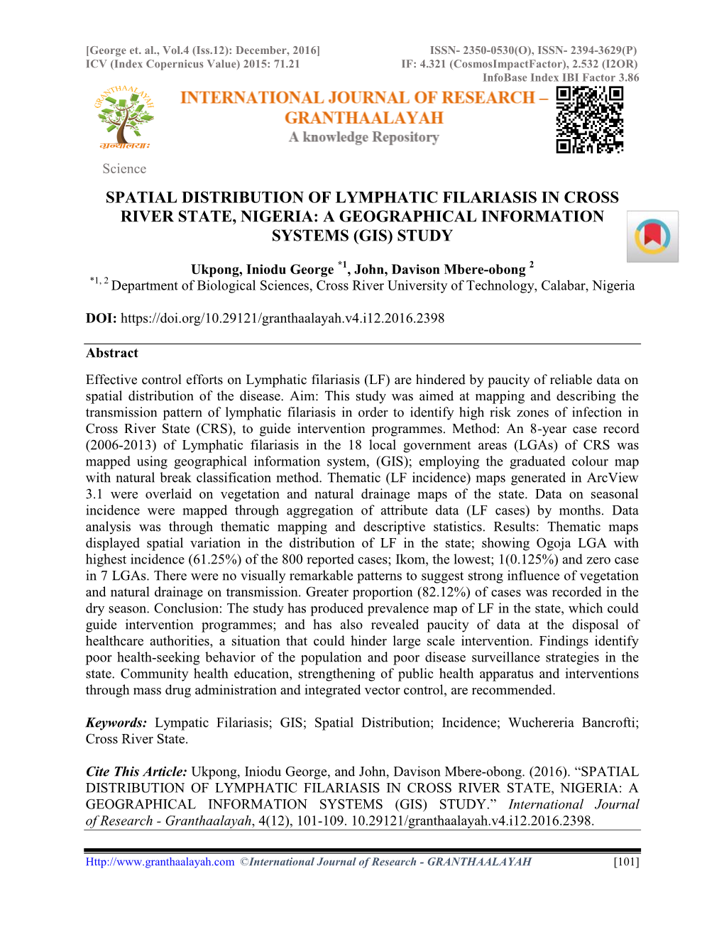 Spatial Distribution of Lymphatic Filariasis in Cross River State, Nigeria: a Geographical Information Systems (Gis) Study