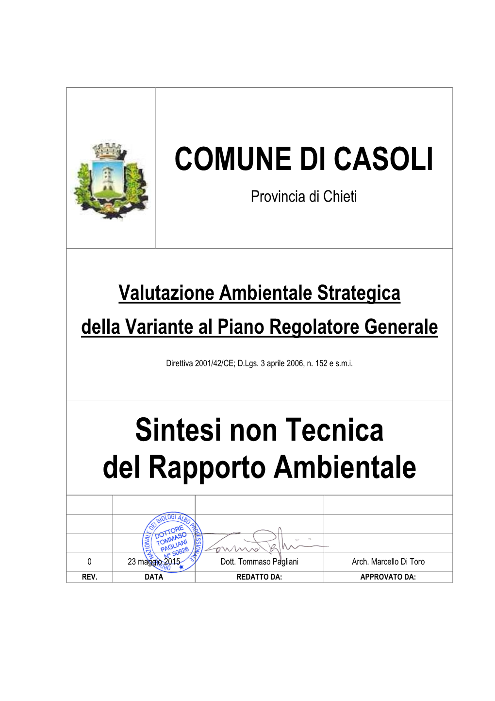 COMUNE DI CASOLI Sintesi Non Tecnica Del Rapporto Ambientale