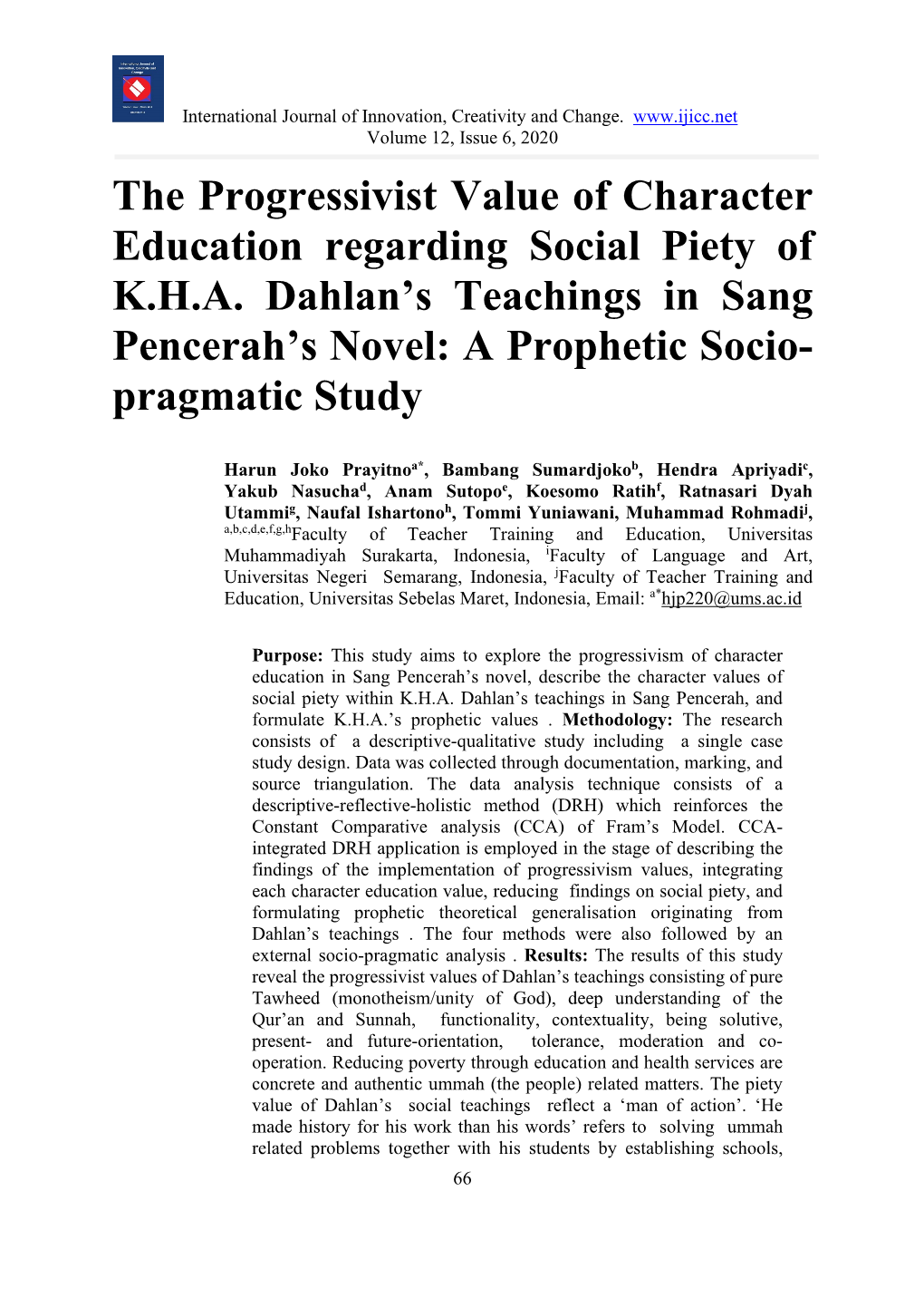 The Progressivist Value of Character Education Regarding Social Piety of K.H.A