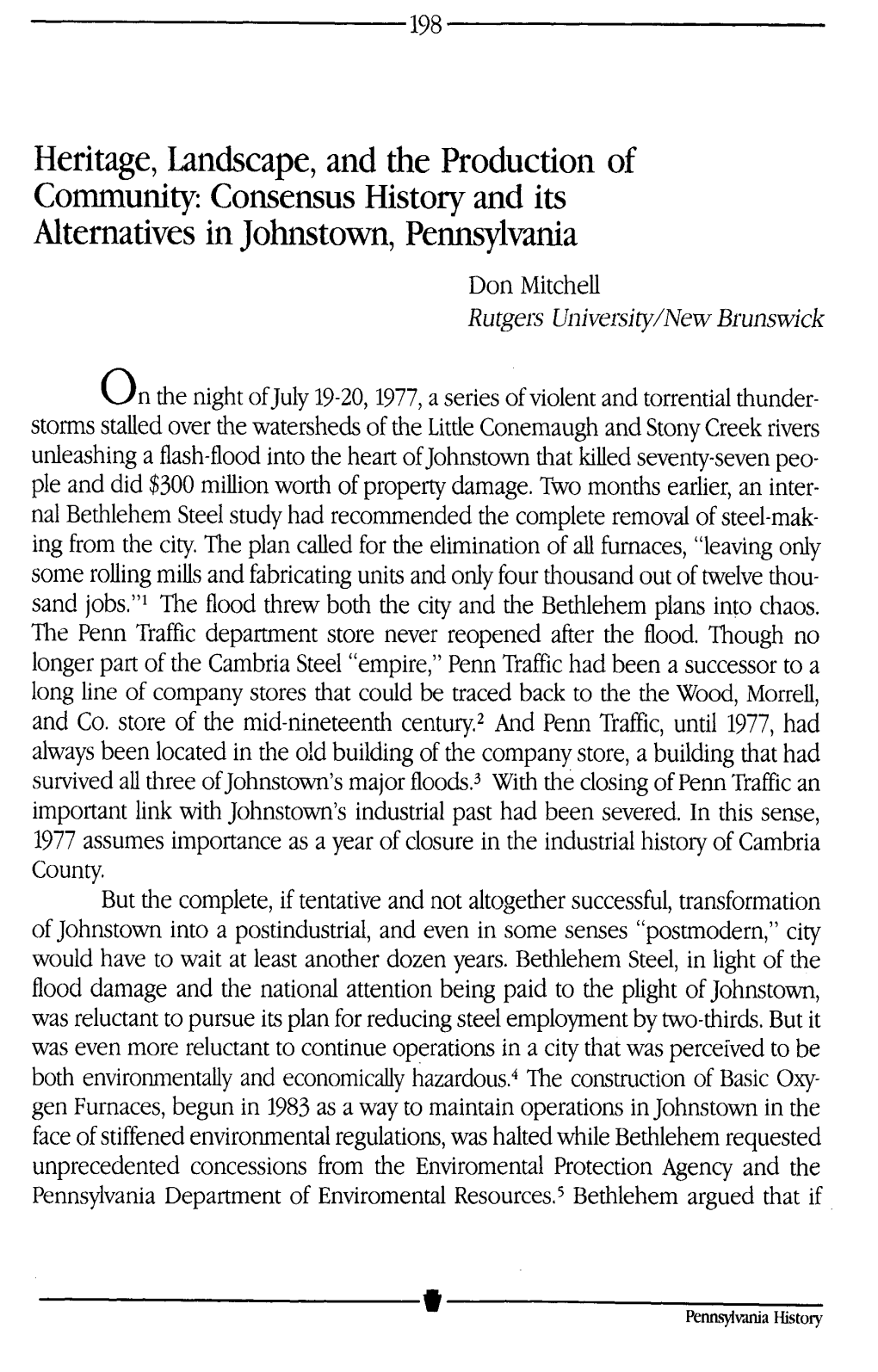 Consensus History and Its Alternatives in Johnstown, Pennsylvania Don Mitchell Rutgers University/New Brunswick