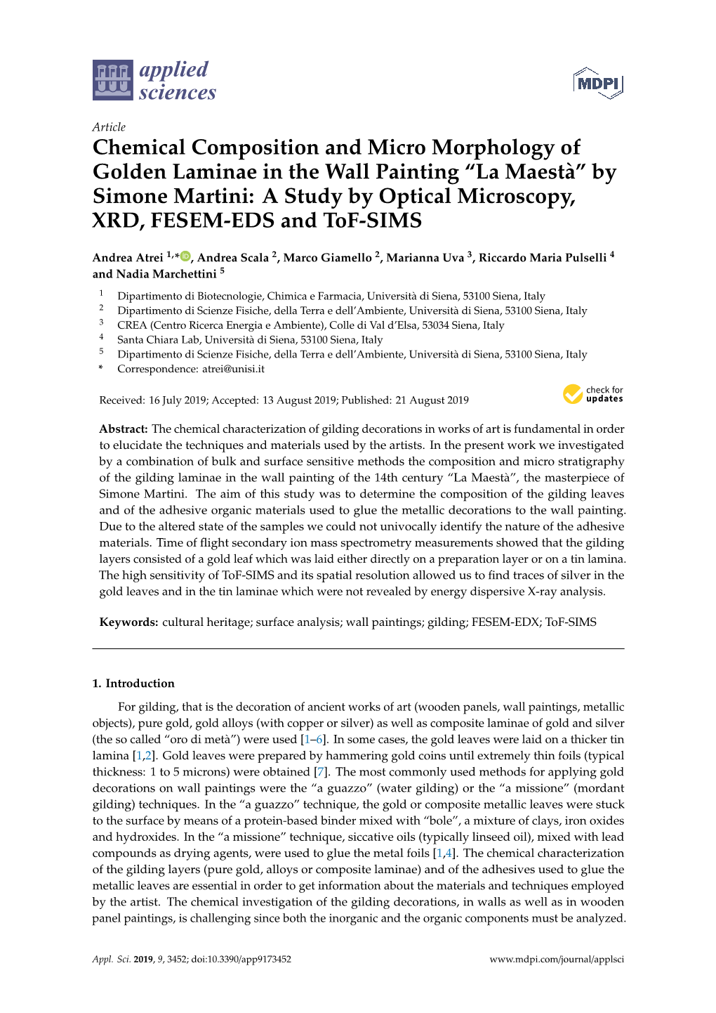 Chemical Composition and Micro Morphology of Golden Laminae in the Wall Painting “La Maestà” by Simone Martini: a Study By