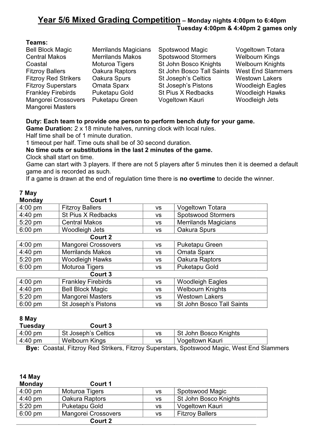 Year 5/6 Mixed Grading Competition – Monday Nights 4:00Pm to 6:40Pm Tuesday 4:00Pm & 4:40Pm 2 Games Only