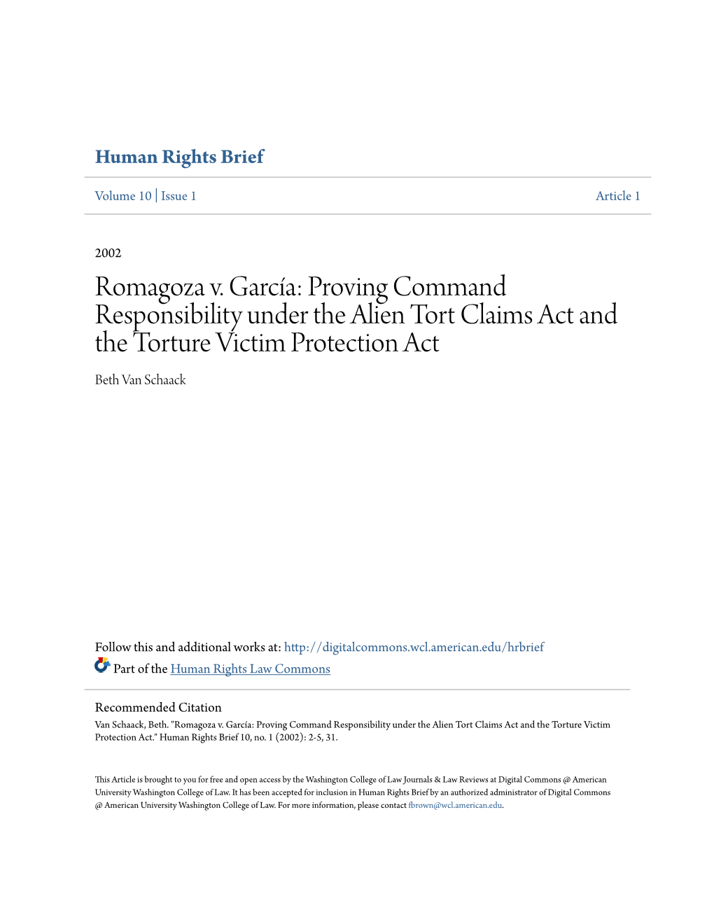 Proving Command Responsibility Under the Alien Tort Claims Act and the Torture Victim Protection Act Beth Van Schaack