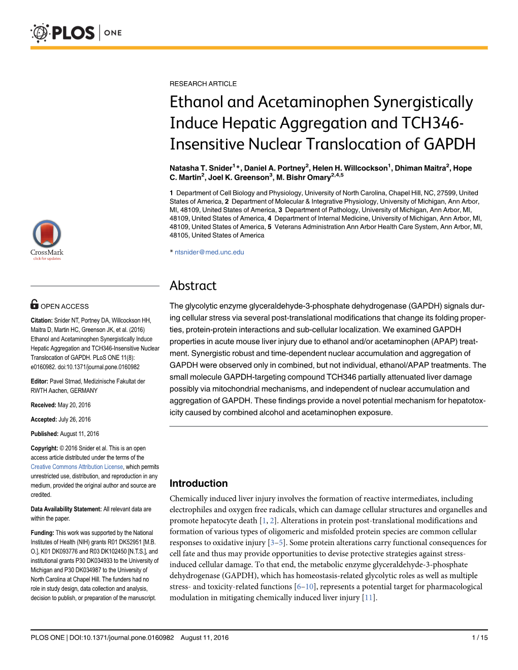 Ethanol and Acetaminophen Synergistically Induce Hepatic Aggregation and TCH346- Insensitive Nuclear Translocation of GAPDH