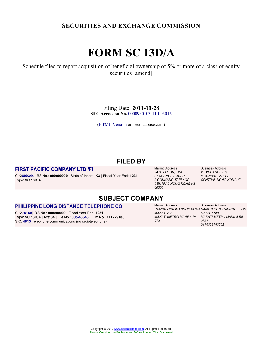 FIRST PACIFIC COMPANY LTD /FI (Form: SC 13D/A, Filing Date: 11/28/2011)