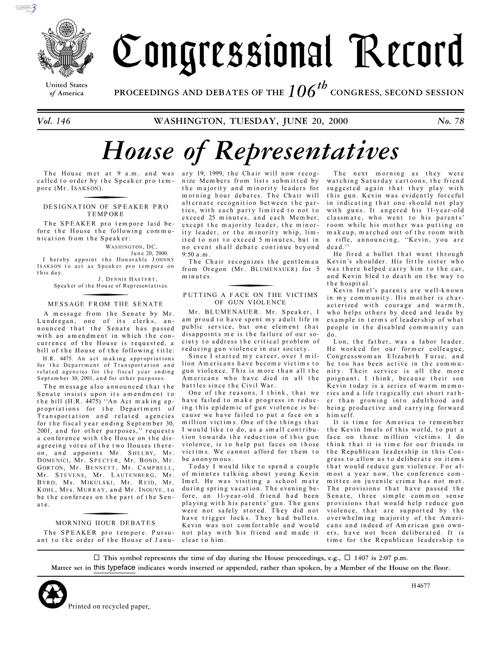 Congressional Record United States Th of America PROCEEDINGS and DEBATES of the 106 CONGRESS, SECOND SESSION