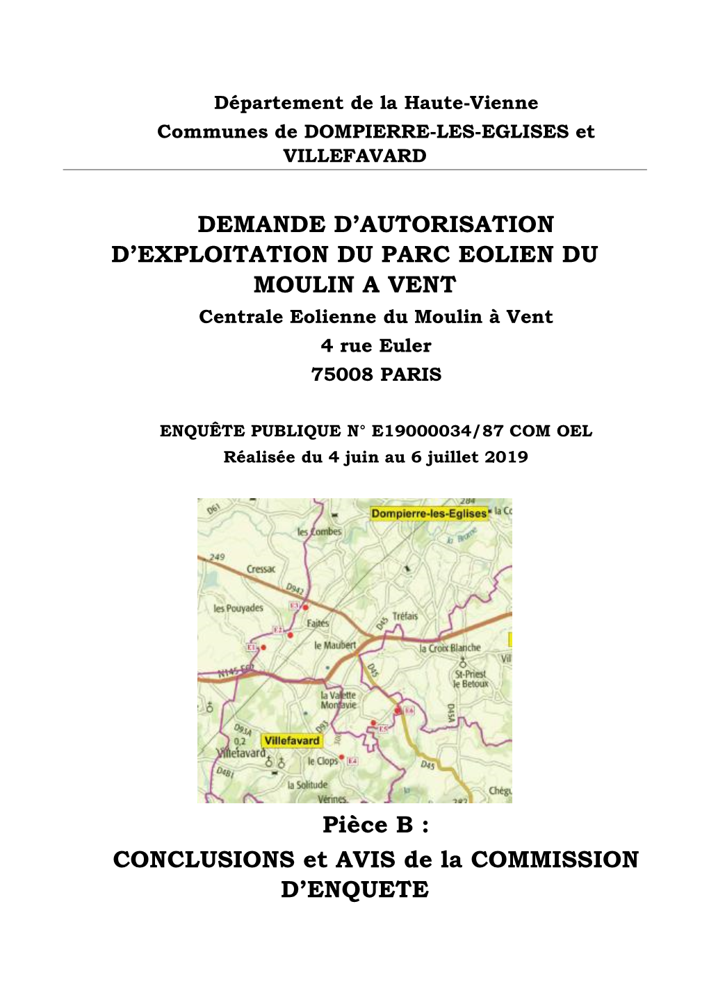 Demande D'autorisation D'exploitation Du Parc Eolien Du Moulin a Vent