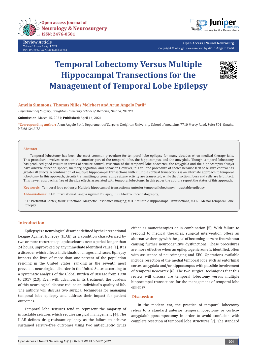 Temporal Lobectomy Versus Multiple Hippocampal Transections for the Management of Temporal Lobe Epilepsy