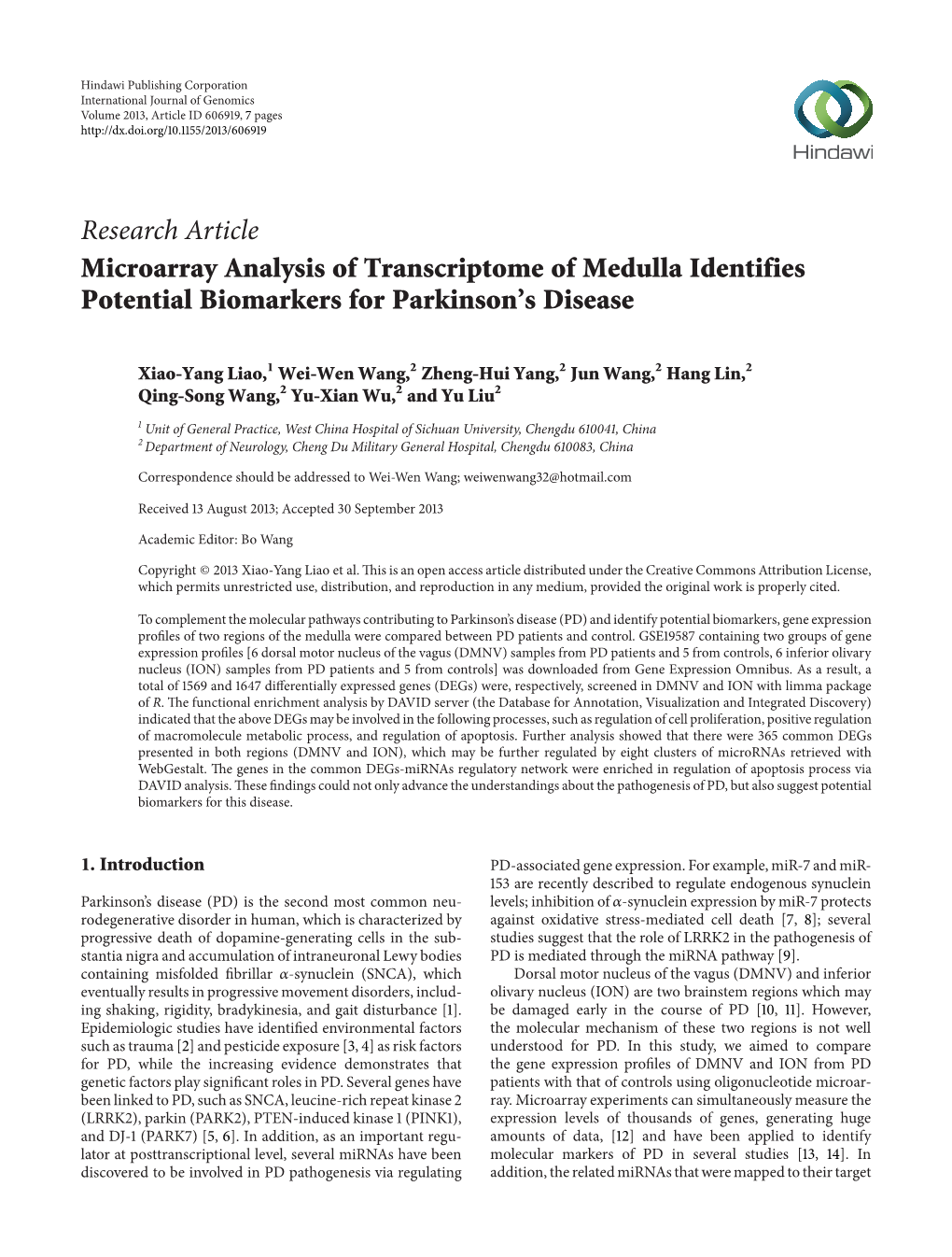 Microarray Analysis of Transcriptome of Medulla Identifies Potential Biomarkers for Parkinson’S Disease