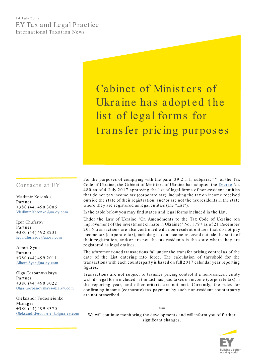 Cabinet of Ministers of Ukraine Has Adopted the List of Legal Forms for Transfer Pricing Purposes