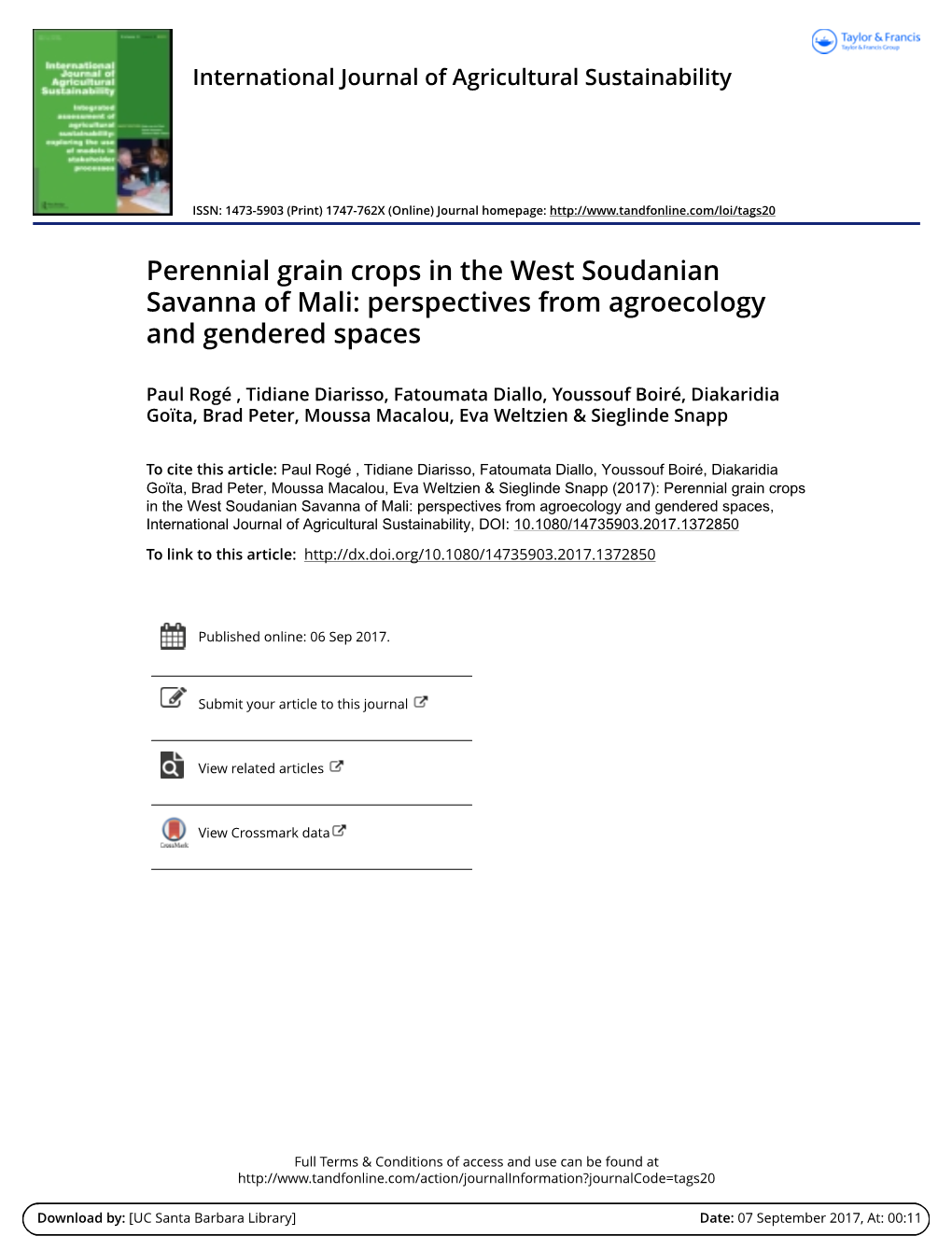 Perennial Grain Crops in the West Soudanian Savanna of Mali: Perspectives from Agroecology and Gendered Spaces