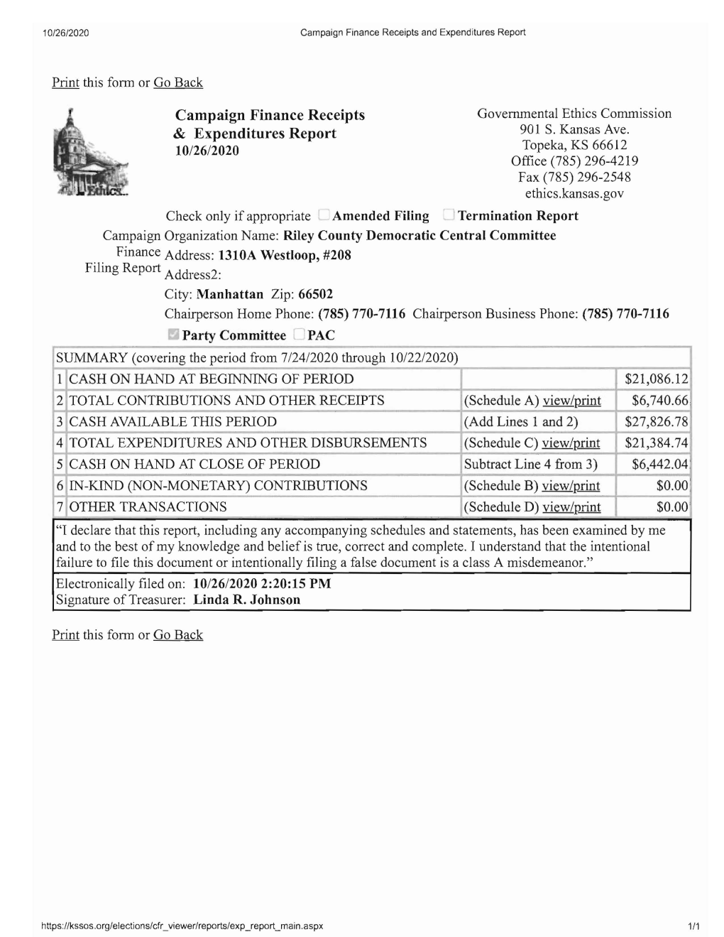 Campaign Finance Receipts & Expenditures Report