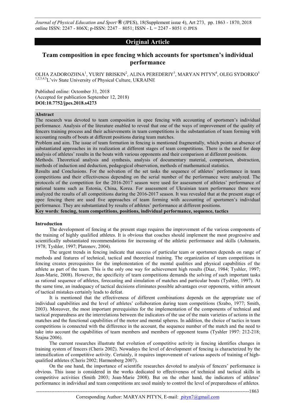 Original Article Team Composition in Epee Fencing Which Accounts for Sportsmen's Individual Performance