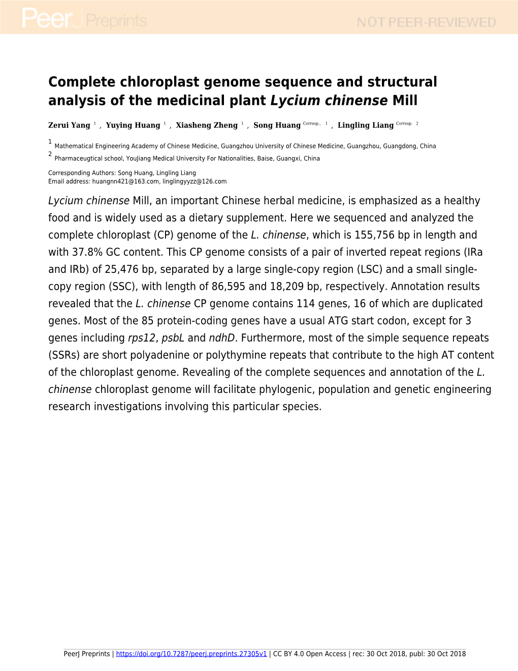 Complete Chloroplast Genome Sequence and Structural Analysis of the Medicinal Plant Lycium Chinense Mill