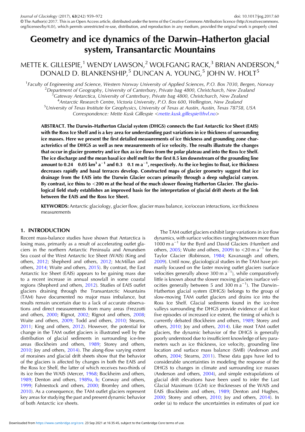 Geometry and Ice Dynamics of the Darwin–Hatherton Glacial System, Transantarctic Mountains