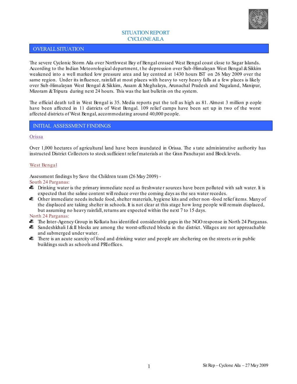 1 Situation Report Cyclone Aila