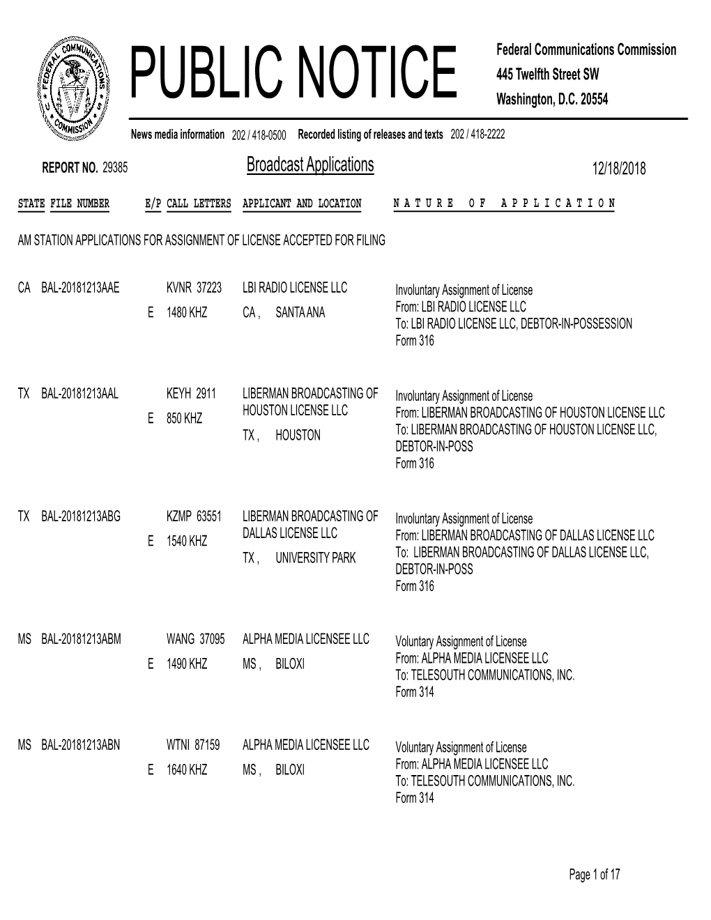 Broadcast Applications 12/18/2018