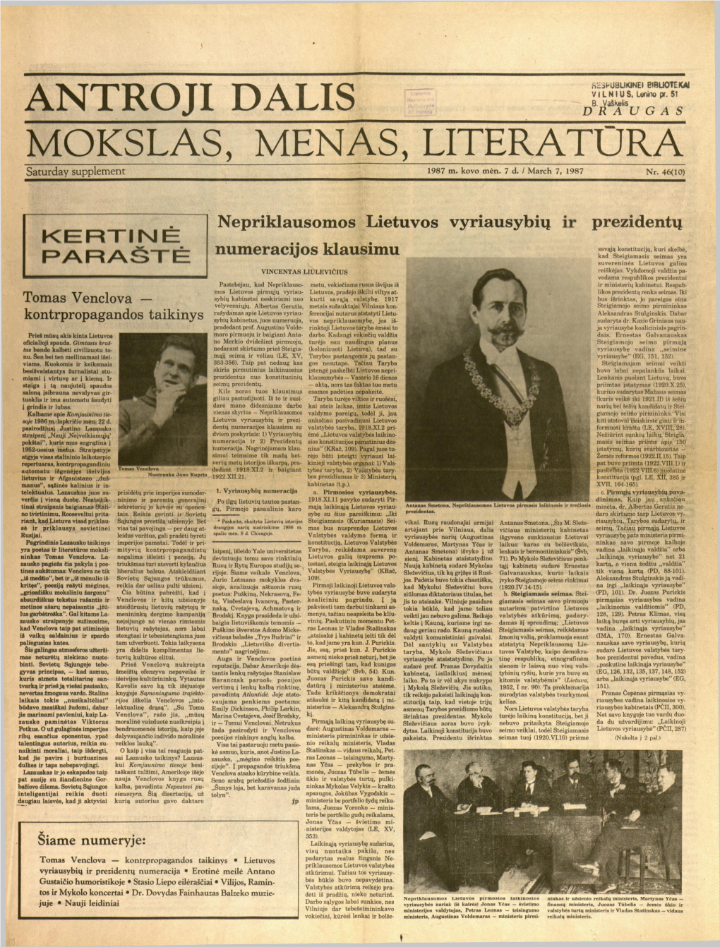 MOKSLAS, MENAS, LITERATŪRA Saturday Supplement 1987 M