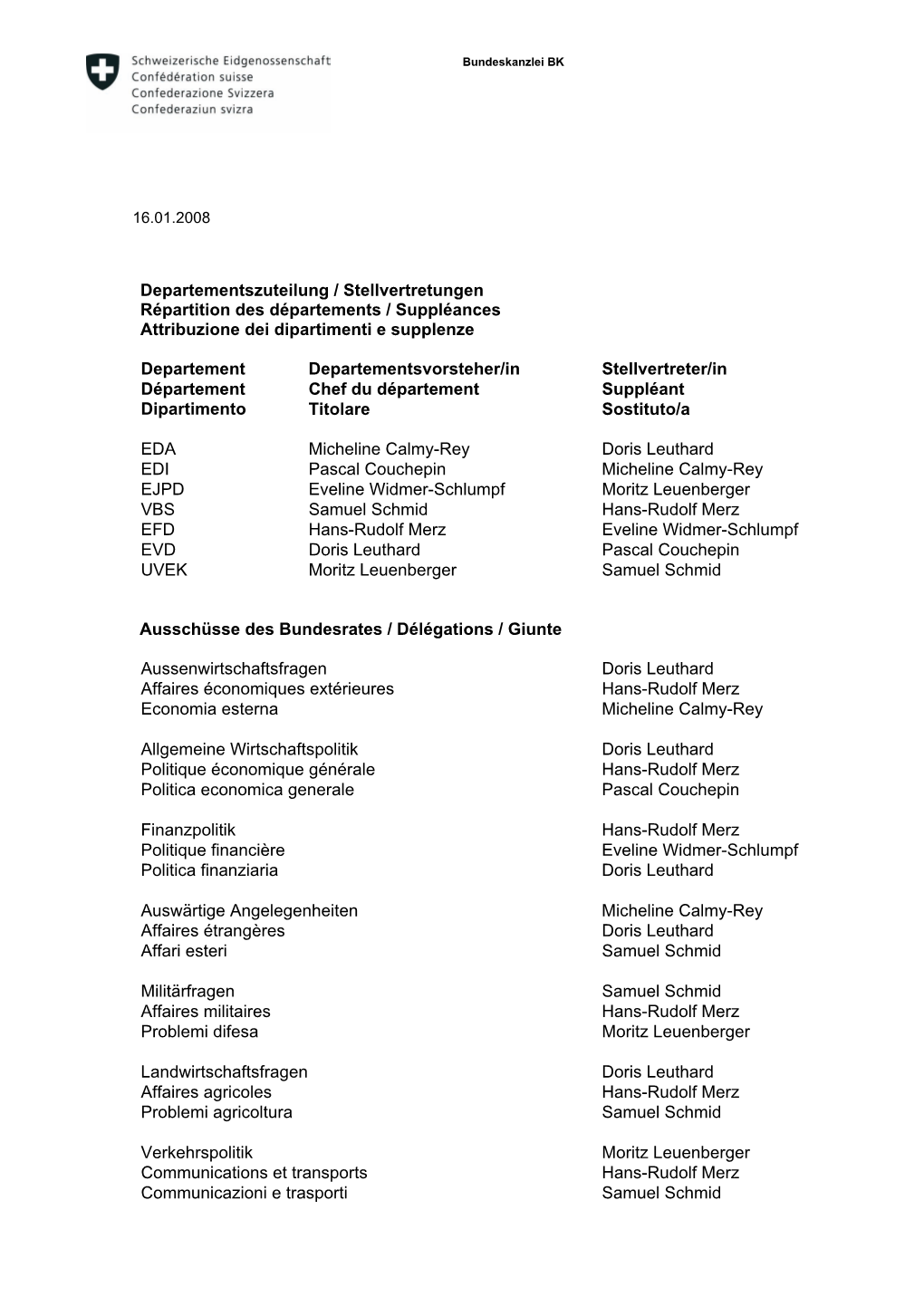 Departementszuteilung / Stellvertretungen Répartition Des Départements / Suppléances Attribuzione Dei Dipartimenti E Supplenze