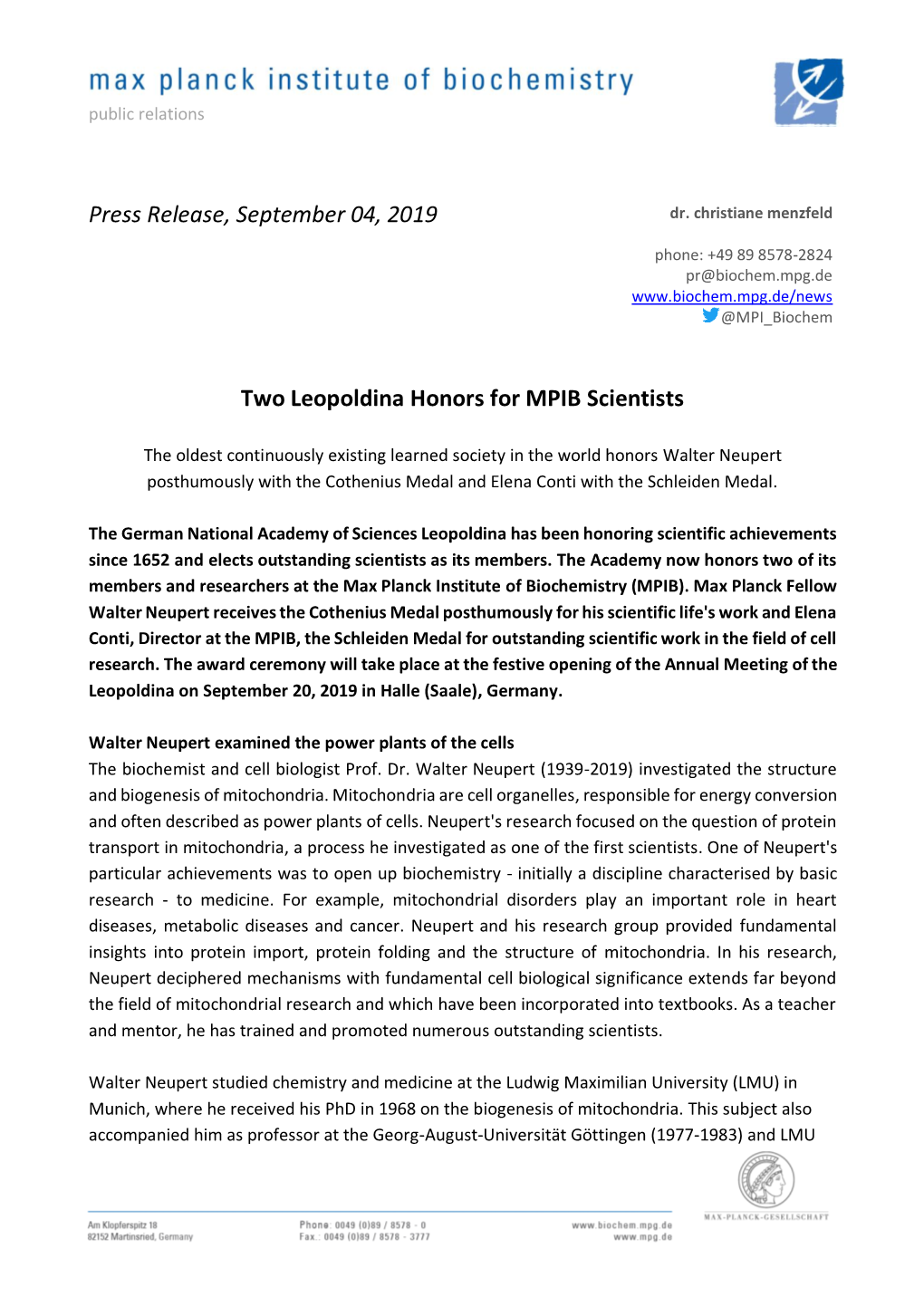 Press Release, September 04, 2019 Two Leopoldina Honors for MPIB