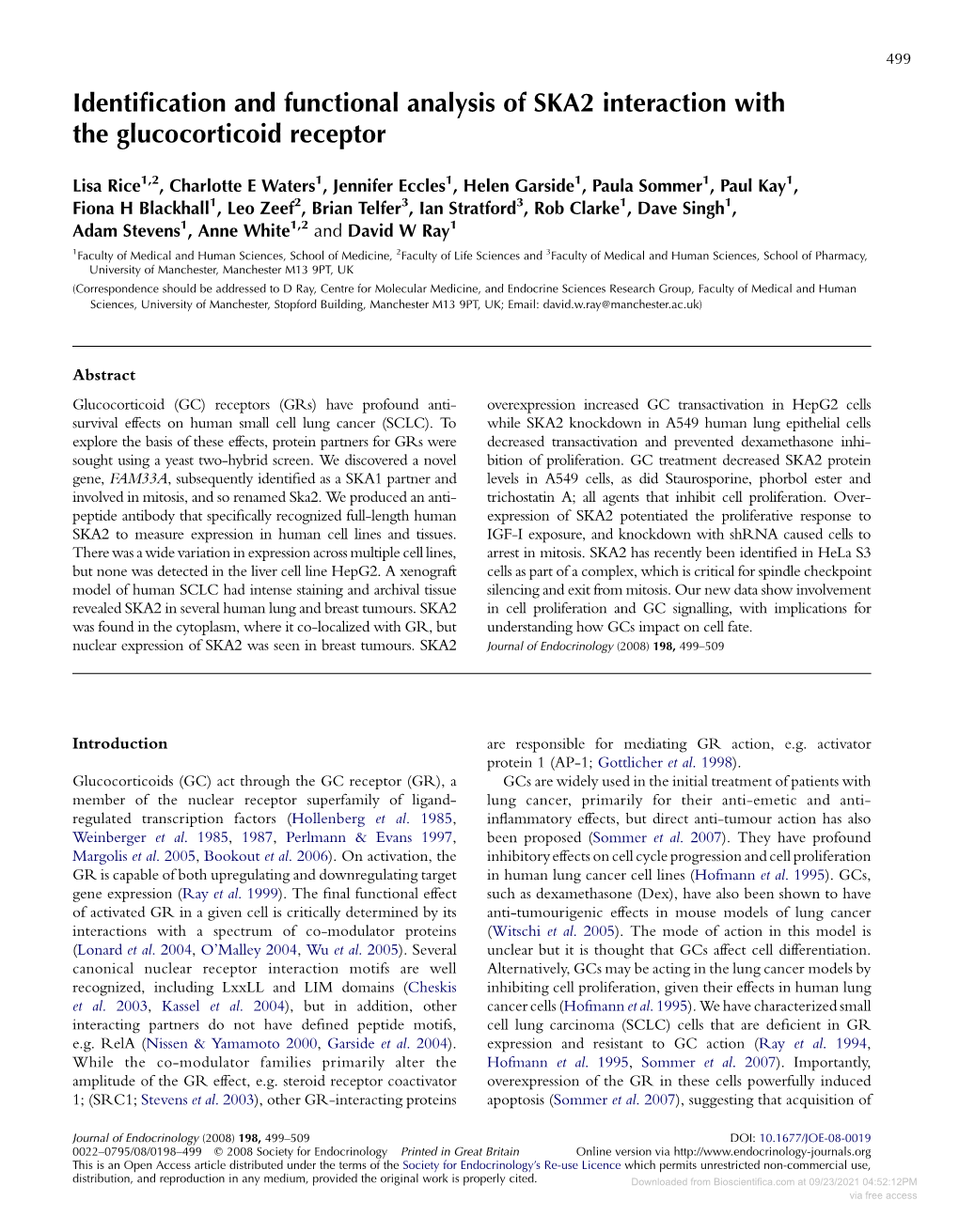 Identification and Functional Analysis of SKA2 Interaction with The