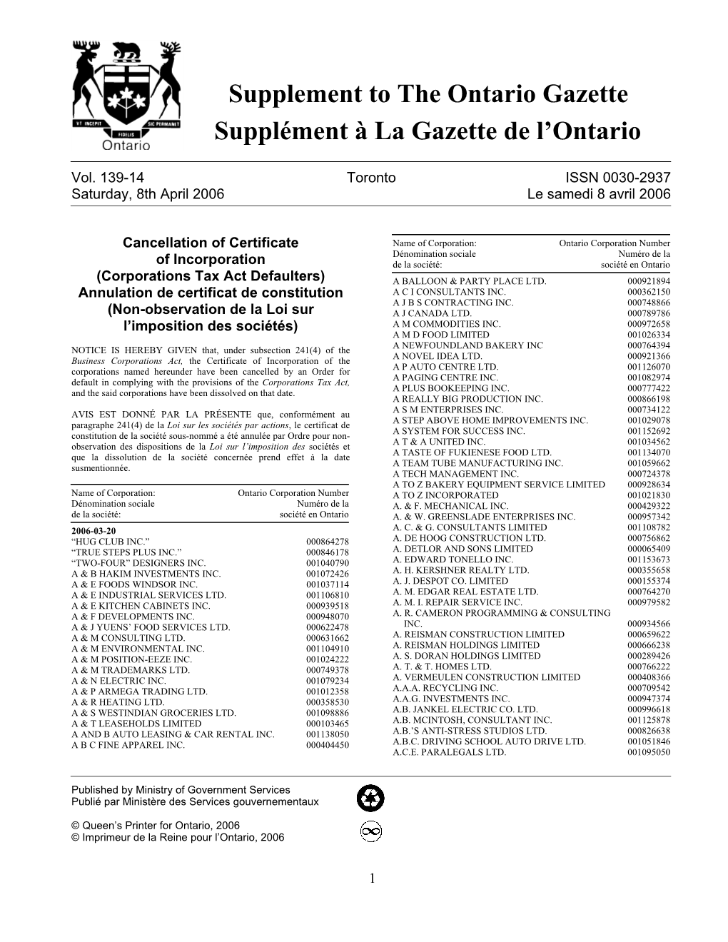 Ontario Gazette Volume 139 Issue 14, La Gazette De L'ontario Volume 139