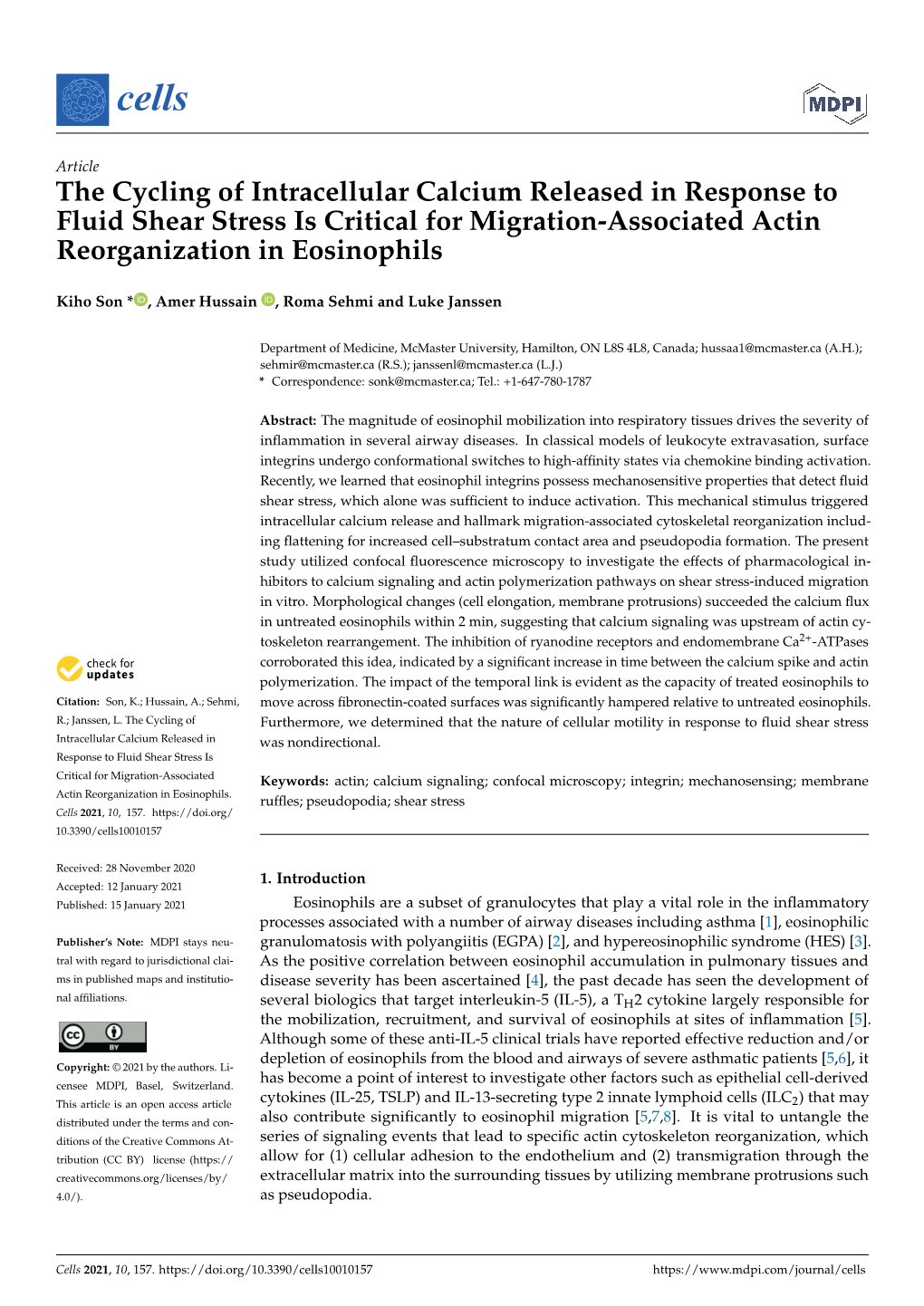 The Cycling of Intracellular Calcium Released in Response to Fluid Shear Stress Is Critical for Migration-Associated Actin Reorganization in Eosinophils